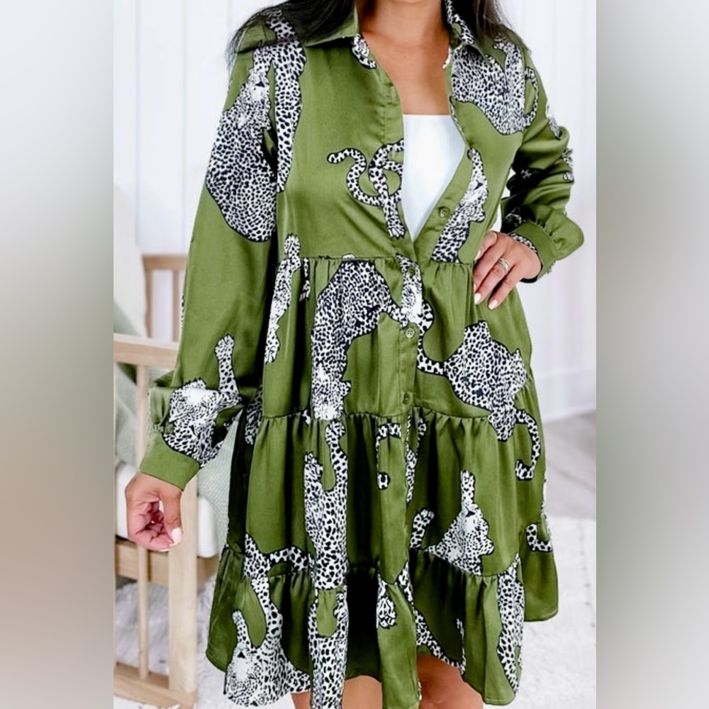 Long Sleeve Tiered Dress With Cheetah Detail